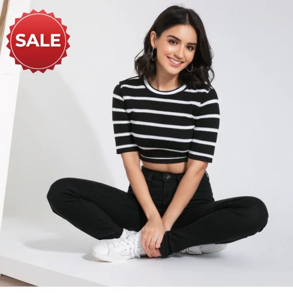 Black Crop Top White Strips Aesthetic Dress Wearable - Image 2