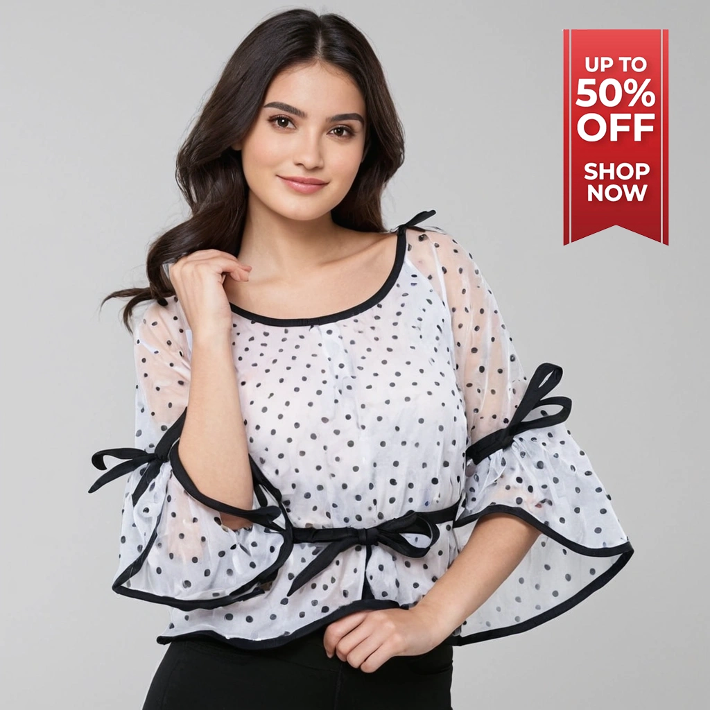 WHITE TOP WHITH BLACK PRINTED DOTS TOP FOR WOMEN