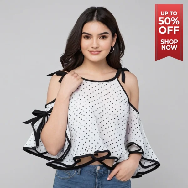WHITE TOP WHITH BLACK PRINTED DOTS TOP FOR WOMEN - Image 4
