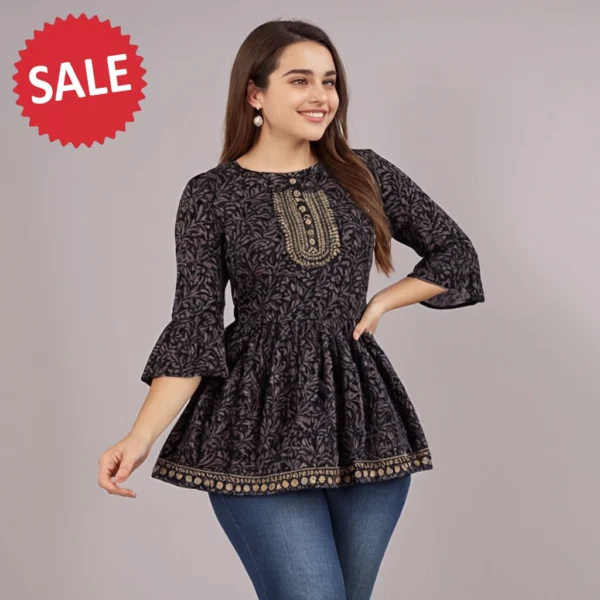 BLACK RAYON PRINTED TOP FOR WOMEN - Image 3