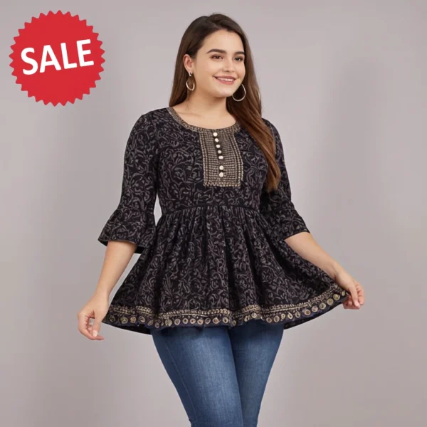 BLACK RAYON PRINTED TOP FOR WOMEN - Image 4