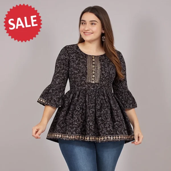 BLACK RAYON PRINTED TOP FOR WOMEN - Image 5