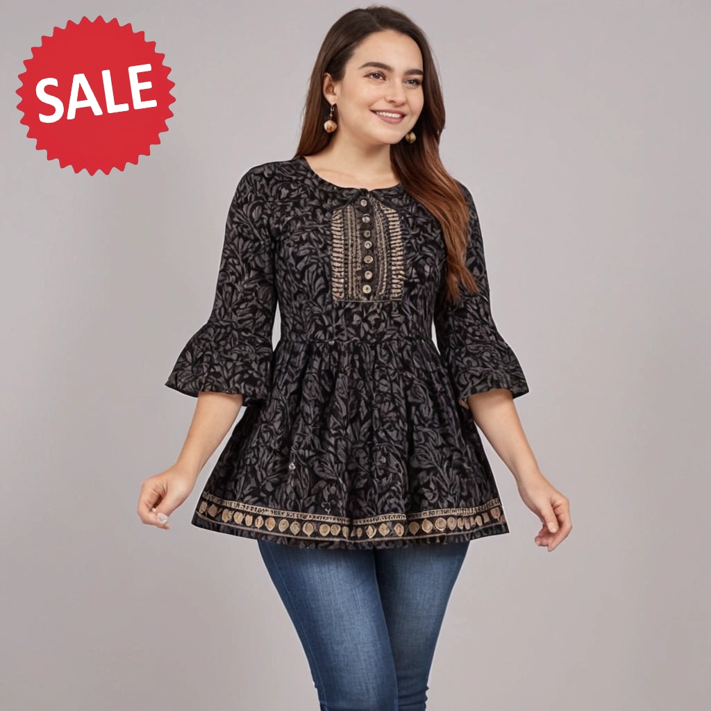 BLACK RAYON PRINTED TOP FOR WOMEN