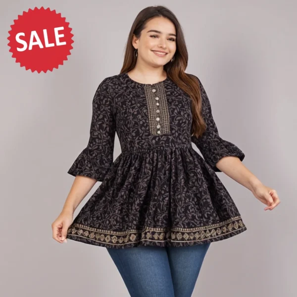 BLACK RAYON PRINTED TOP FOR WOMEN - Image 2