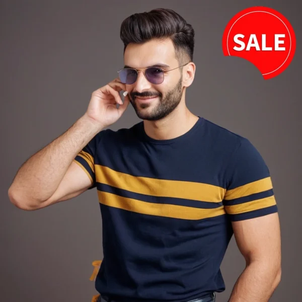 MEN BLUE COLOR WITH YELLOW STRIPS T SHIRT WITH COTTON MATERIAL - Image 4