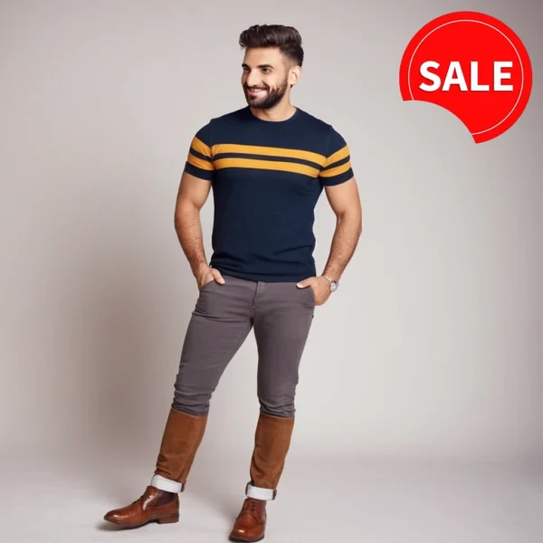 MEN BLUE COLOR WITH YELLOW STRIPS T SHIRT WITH COTTON MATERIAL - Image 5