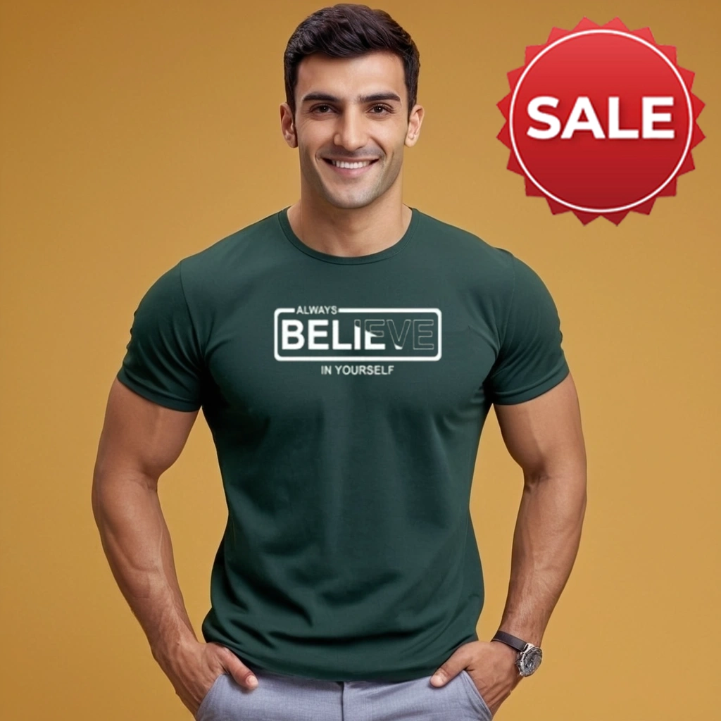 MEN GREEN COLOR ALWAYS BELIEVE GRAPHICS SOLID T SHIRT