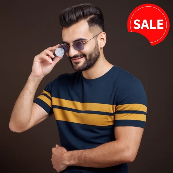 MEN BLUE COLOR WITH YELLOW STRIPS T SHIRT WITH COTTON MATERIAL - Image 2