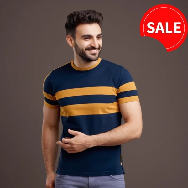 MEN BLUE COLOR WITH YELLOW STRIPS T SHIRT WITH COTTON MATERIAL - Image 3