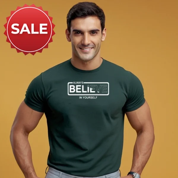 MEN GREEN COLOR ALWAYS BELIEVE GRAPHICS SOLID T SHIRT - Image 3