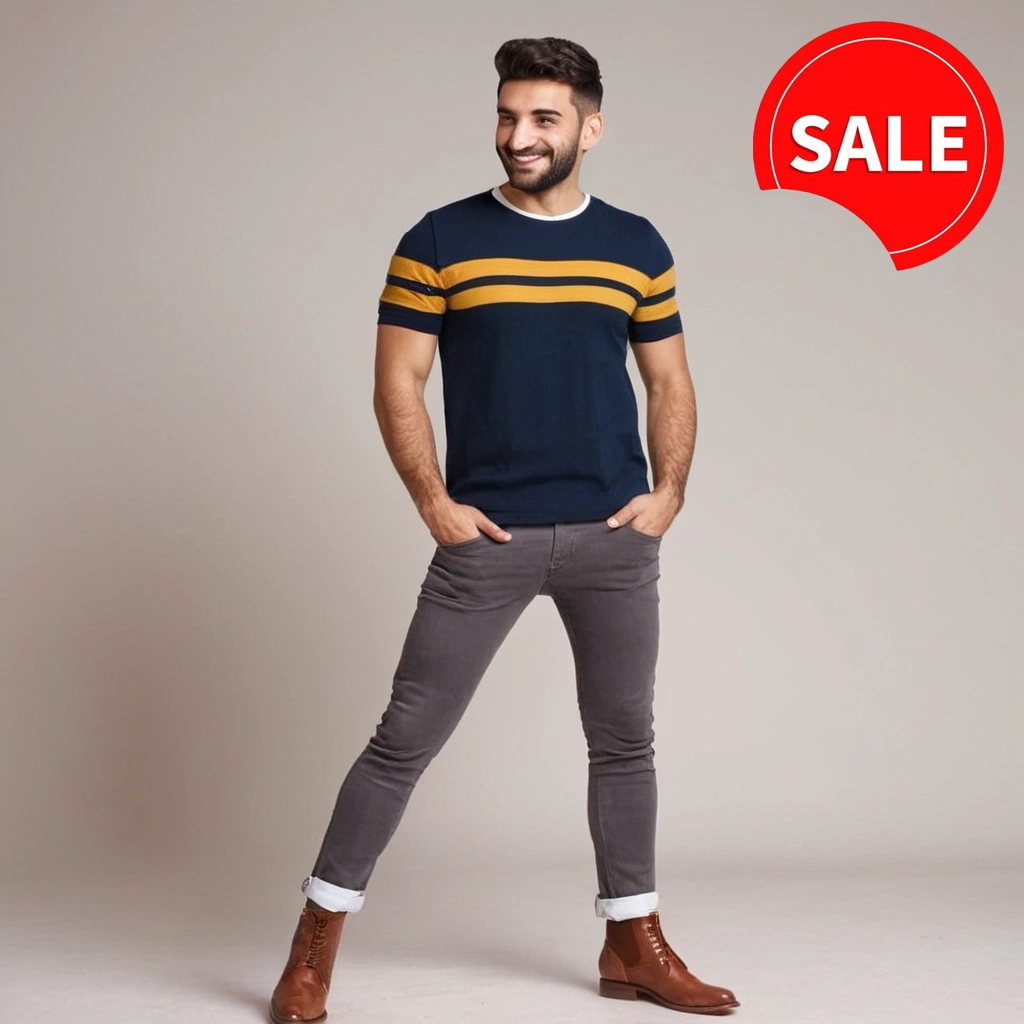 MEN BLUE COLOR WITH YELLOW STRIPS T SHIRT WITH COTTON MATERIAL